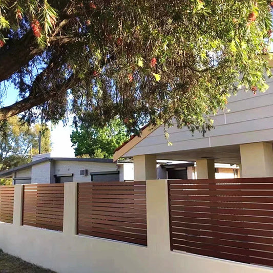 Wood/Plastic Composite Outdoor Fence Panel with Aluminum Post and Slat Wall Surface.