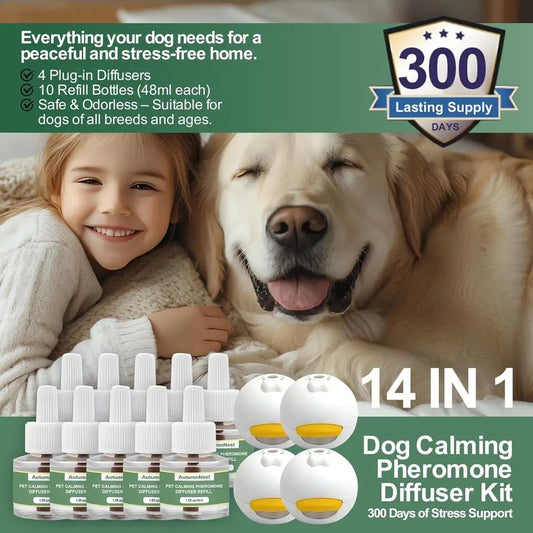 All-in-One Dog Calming Kit: 4 Aroma Diffusers + 10 48ml Pheromone Refills for Anxiety, Barking, Stress Relief