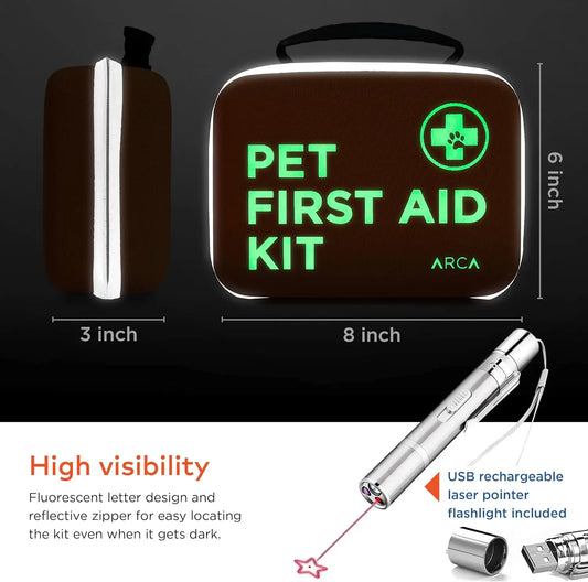 Pet First Aid Kit with Reflective Zipper, Thermometer & Tick Remover - 100 Pieces for Cats and Dogs