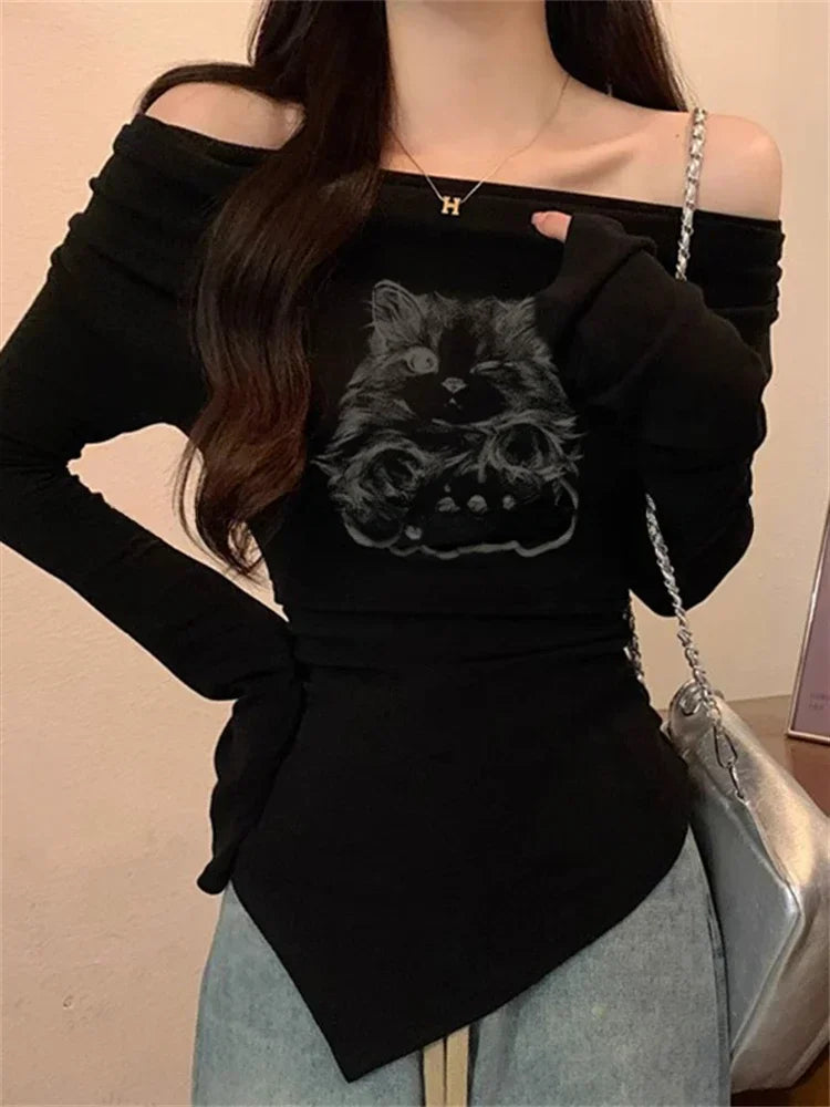 Gothic Kitten Graphic Grunge T-shirts Women Off Shoulder Vintage Crop Top Style Long Sleeve