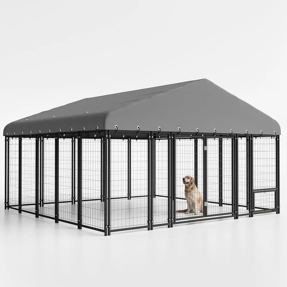 10x10FT Durable Heavy Duty Dog Cage/Kennel Outside with Roof & Double Door, Double Lock and Feeding Door,