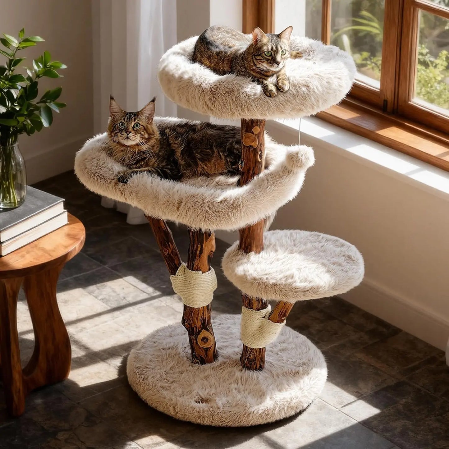 Cat Tree Tower for Large Cats, Large Cat Tree for Maine Coon Indoor Cats with Faux Fox Fur, Solid Wood Sisal Scratching Post,
