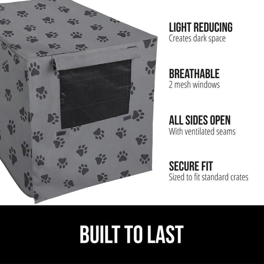 Dog Crate Cover with All-Side Openings, Breathable Mesh Windows for 24" Wire Kennel, Light-Reducing Gray Paw Design
