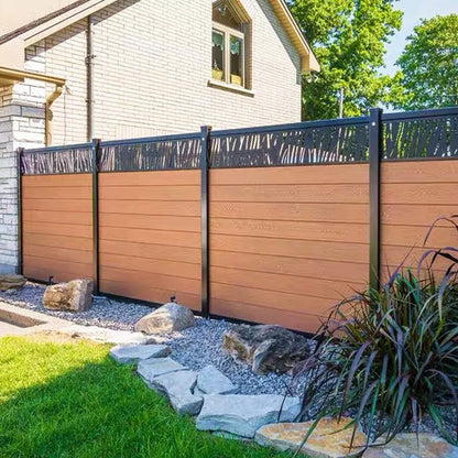 Wood/Plastic Composite Outdoor Fence Panel with Aluminum Post and Slat Wall Surface.