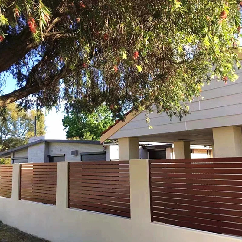 Wood/Plastic Composite Outdoor Fence Panel with Aluminum Post and Slat Wall Surface.