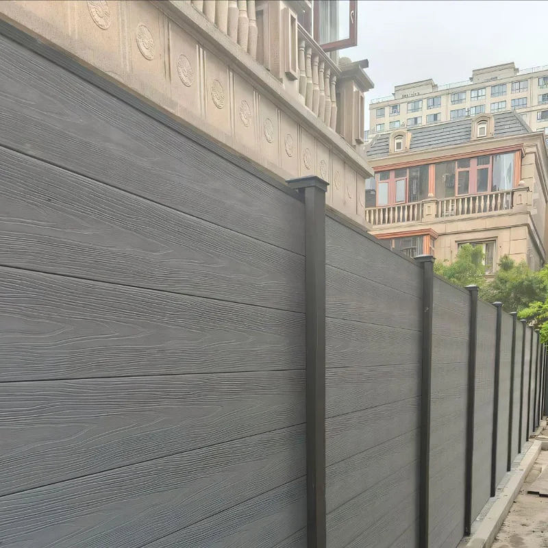 Wood/Plastic Composite Outdoor Fence Panel with Aluminum Post and Slat Wall Surface.