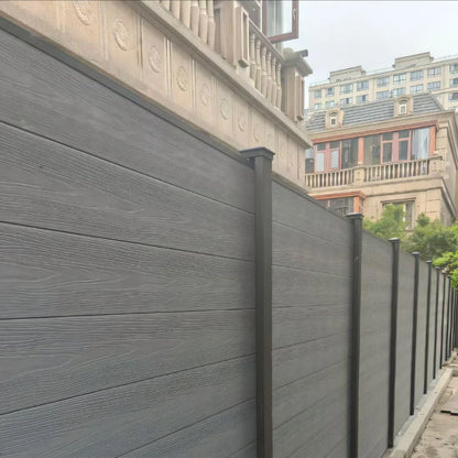 Wood/Plastic Composite Outdoor Fence Panel with Aluminum Post and Slat Wall Surface.