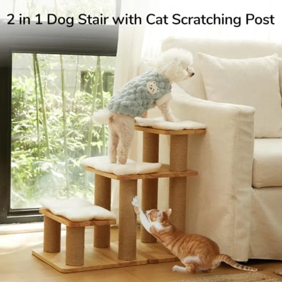 Pet Stairs Solid Wood Pet Stairs with Cat Scratching Post Transformable Cat Ramp Can Hold Up to 200 lbs. 20 Inch Pet Steps