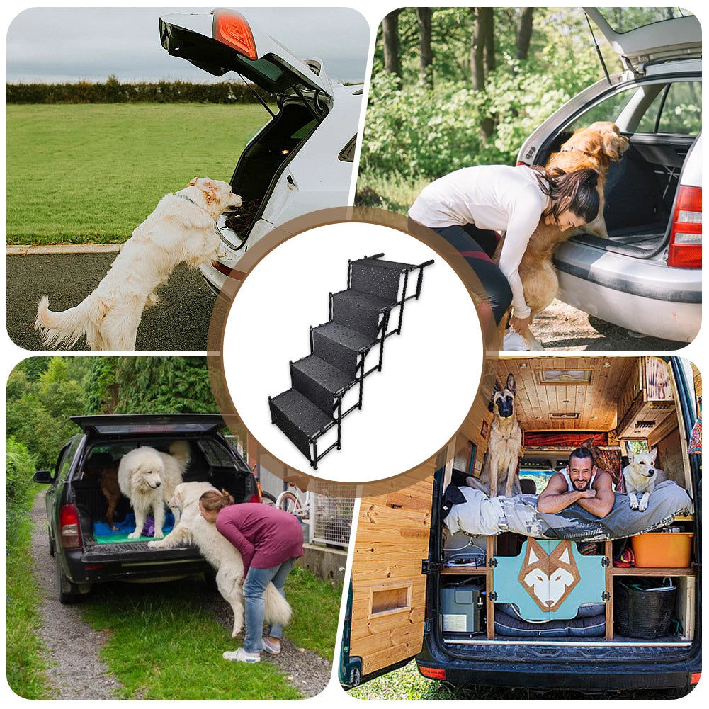 5 Steps Foldable Portable Dog Steps with Nonslip Surface Dog Car Ramp for Large Dog Support Up To 150 Lbs. for Cars and SUV Truck
