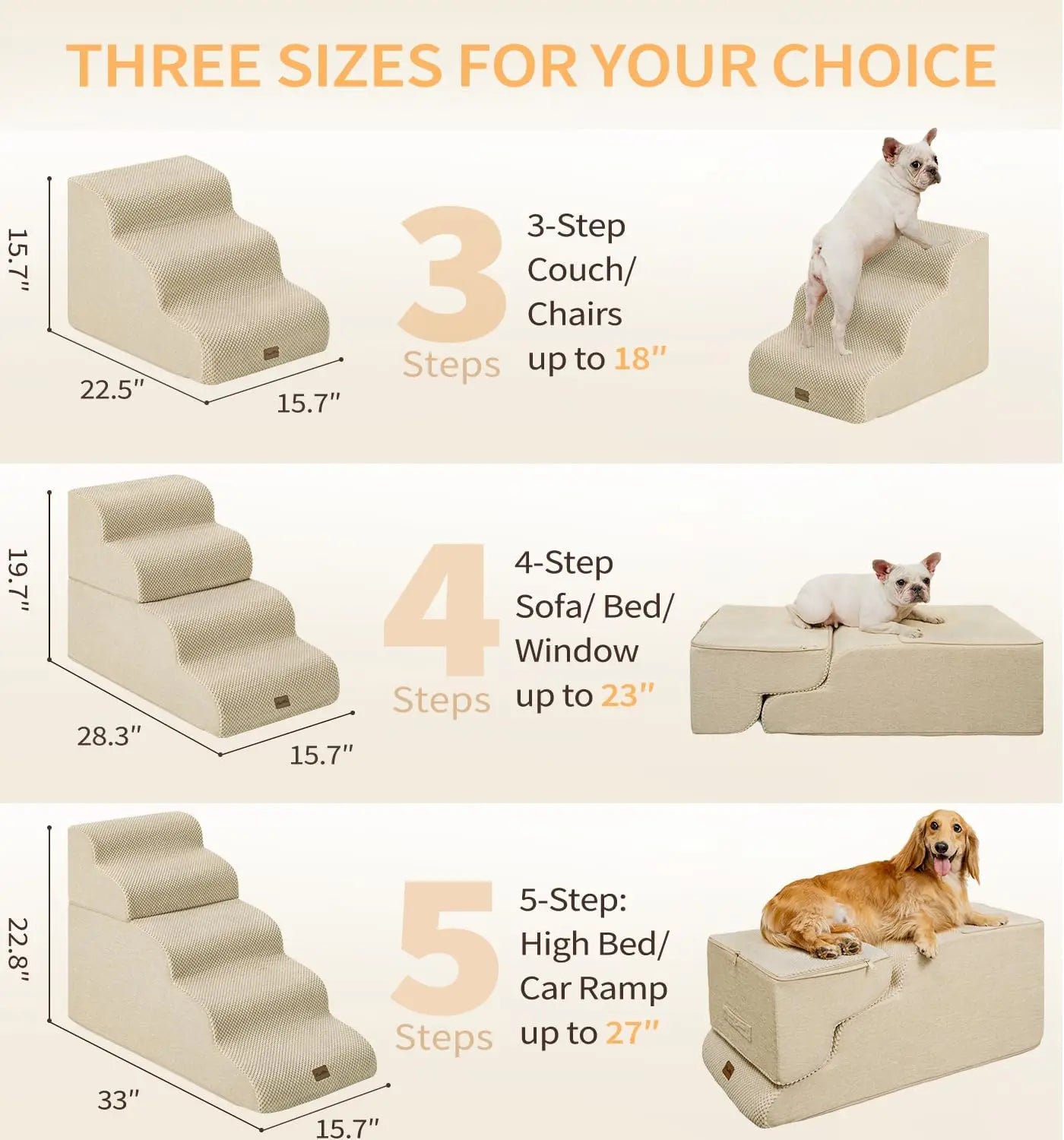 4-Step Pet Stairs for High Beds & Couches, Non-Slip Foam Steps for Small Dogs and Cats, Beige