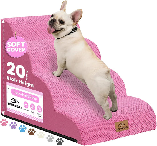 16" H-20 H Dog Ramp and Stair, 3-Step Cat Stair for Sofa, 4-Step Pet Ramp for High Bed, Durable Nonslip Fabric Cover in Pink