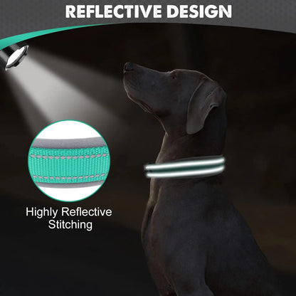 Padded Adjustable Reflective Wide Heavy Duty Nylon Neoprene Collars for small medium large Dogs  
D-Ring and Tag Loop - can be used to attach a leash and is tough enough to provide peace of mind no matter how hard your dog li