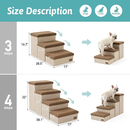 4-Step Dog Stairs with Storage, Folding Ramp for Bed/Couch/Car, Holds Up to 180 lbs, Brown