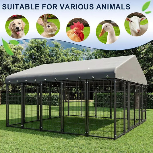 10x10FT Durable Heavy Duty Dog Cage/Kennel Outside with Roof & Double Door, Double Lock and Feeding Door,