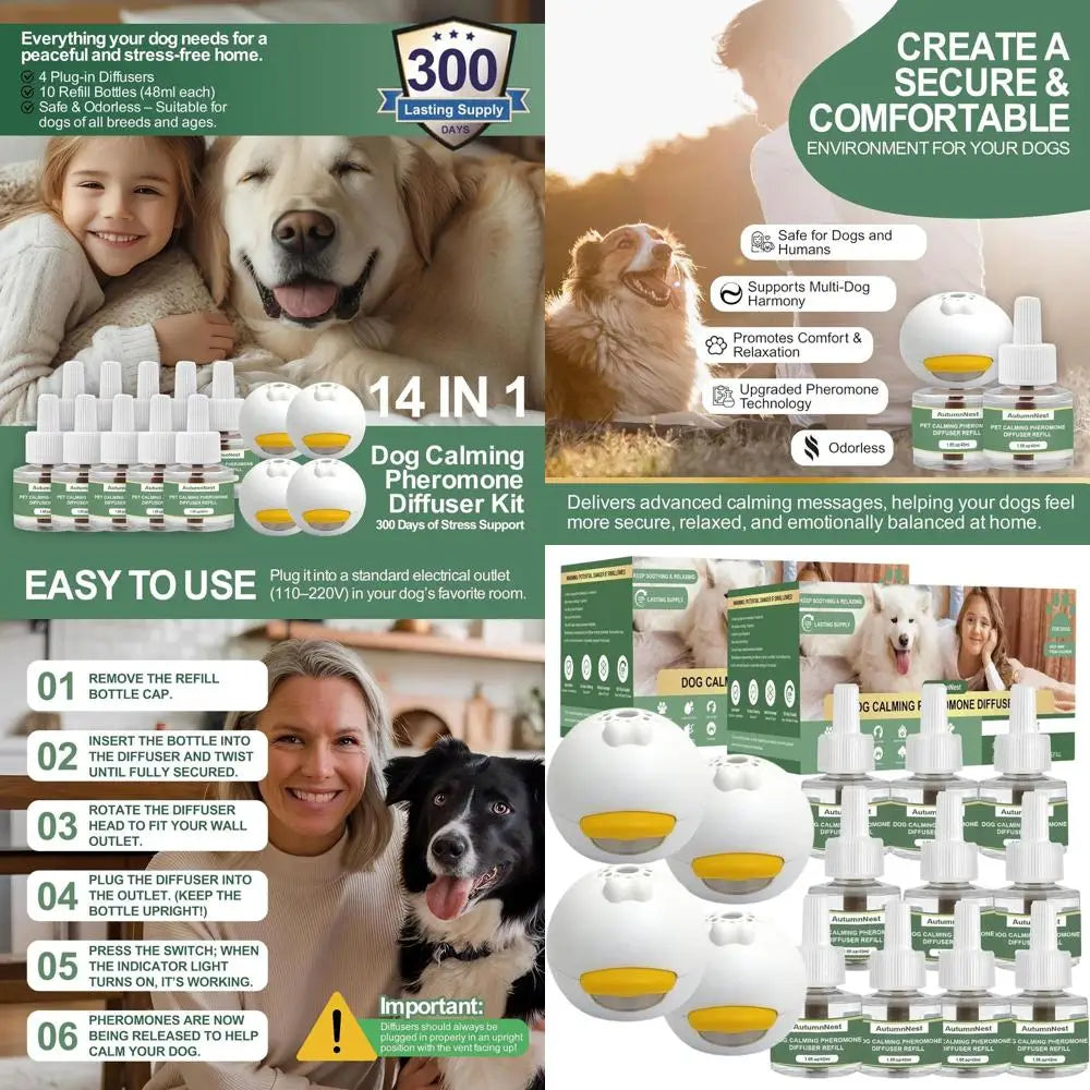 All-in-One Dog Calming Kit: 4 Aroma Diffusers + 10 48ml Pheromone Refills for Anxiety, Barking, Stress Relief