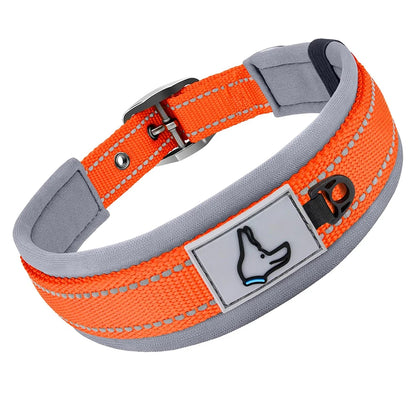 Padded Adjustable Reflective Wide Heavy Duty Nylon Neoprene Collars for small medium large Dogs  
D-Ring and Tag Loop - can be used to attach a leash and is tough enough to provide peace of mind no matter how hard your dog li