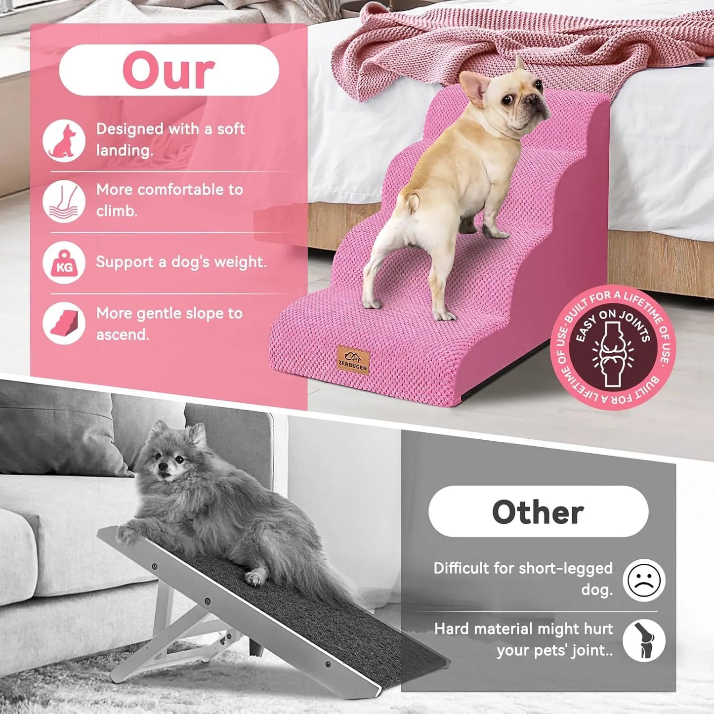 16" H-20 H Dog Ramp and Stair, 3-Step Cat Stair for Sofa, 4-Step Pet Ramp for High Bed, Durable Nonslip Fabric Cover in Pink