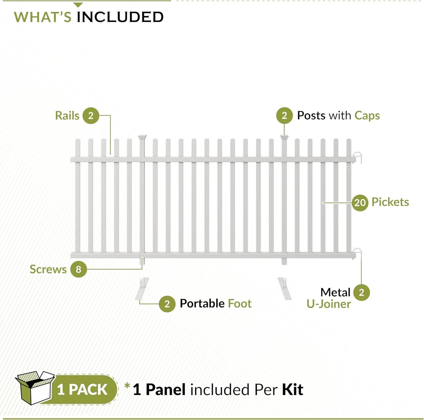 Freestanding No-Dig White Vinyl Picket Fence Panel. 3.5ft H x 7.6ft W. Install Indoor or Outdoor