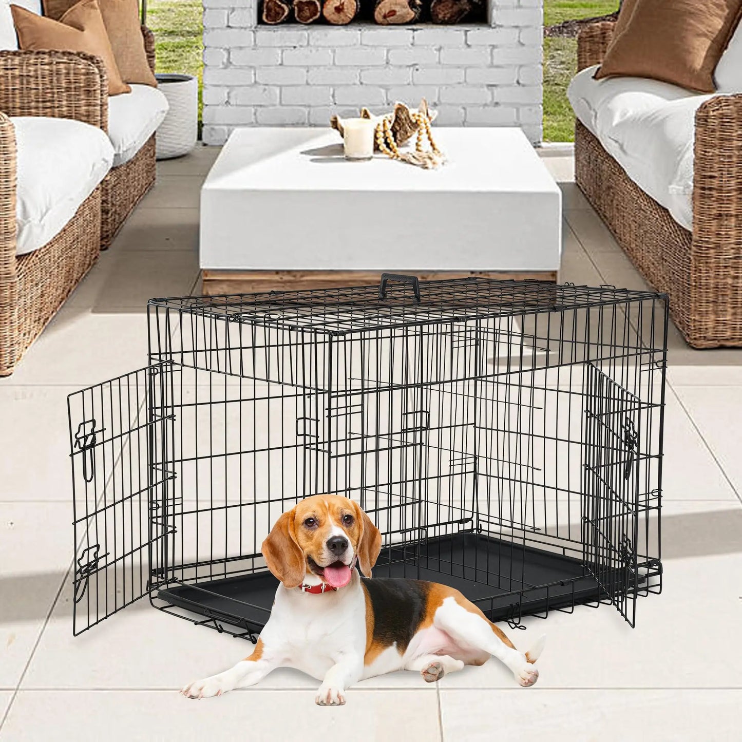 36 Inch Double Door Crate Kennel with Removable Tray & Divider