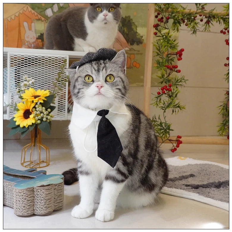 Pet Clothes Funny Handsome Gentleman's Beret Hat and Tie