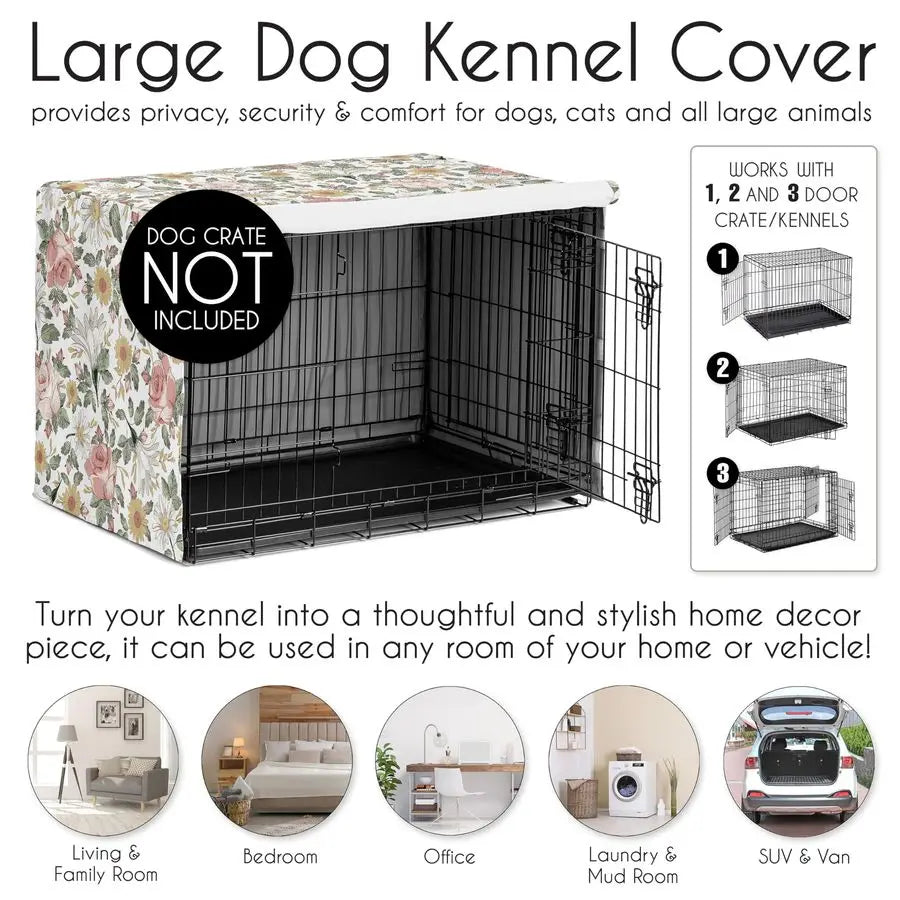 42in. Medium Large Dog Crate Cover Boho Vintage Floral for Girls Pet Cage, Kennel Covers Bohemian, Shabby Chic, Rose, Flower, El