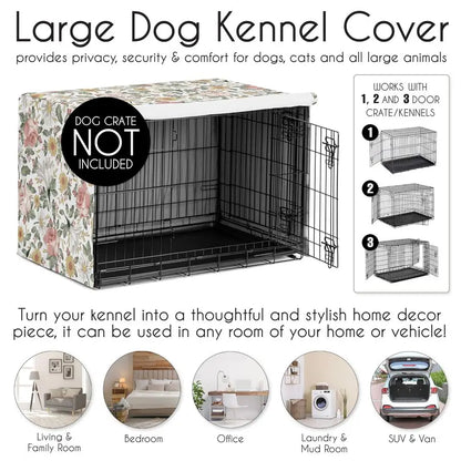 42in. Medium Large Dog Crate Cover Boho Vintage Floral for Girls Pet Cage, Kennel Covers Bohemian, Shabby Chic, Rose, Flower, El