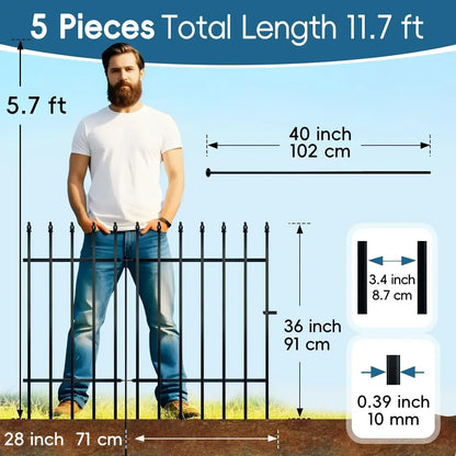 36 inch H x 28 inch W 5 Panels (4 Panels + 1 Gate) Total Length 11.6 ft. No Dig Metal Garden Fence.