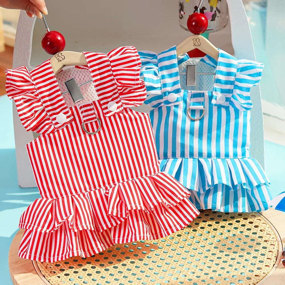 Princess-Style Pet Clothes Summer Dresses Striped Pinafore Skirt Checked Pullover