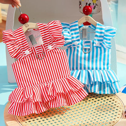 Princess-Style Pet Clothes Summer Dresses Striped Pinafore Skirt Checked Pullover