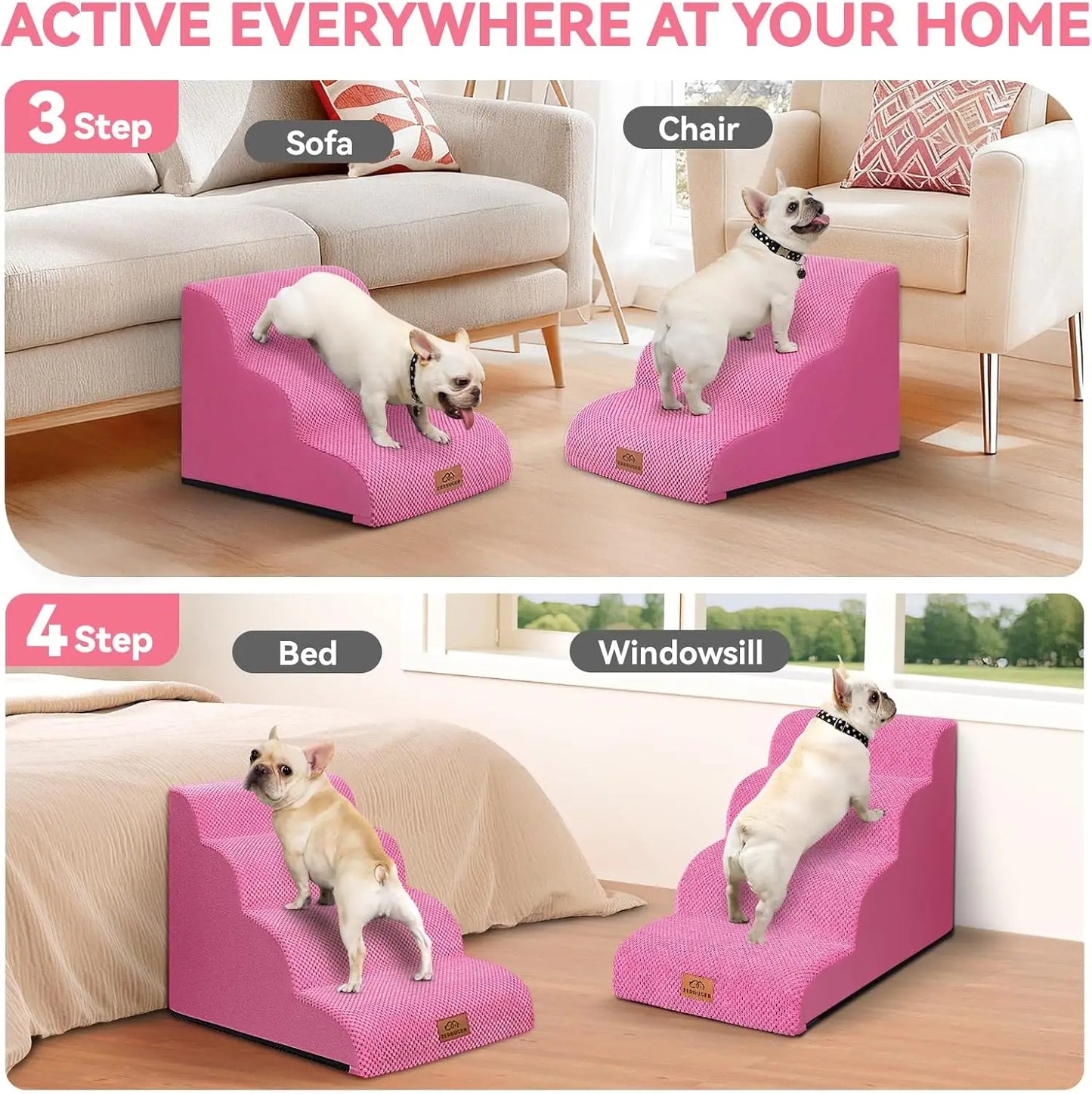 16" H-20 H Dog Ramp and Stair, 3-Step Cat Stair for Sofa, 4-Step Pet Ramp for High Bed, Durable Nonslip Fabric Cover in Pink