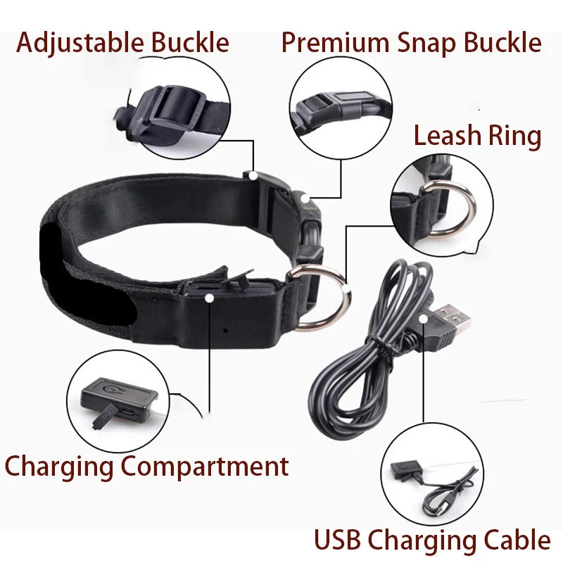 Luminous LED Illuminated collar lights up, flashes, and glows. Collar is comfortable, lightweight, skin-friendly, and stylish. The glowing, flashing, or luminous light makes your pet visible at night or in bad weather conditi