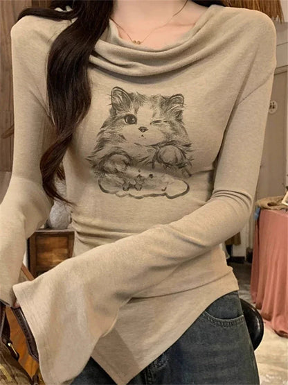 Gothic Kitten Graphic Grunge T-shirts Women Off Shoulder Vintage Crop Top Style Long Sleeve
