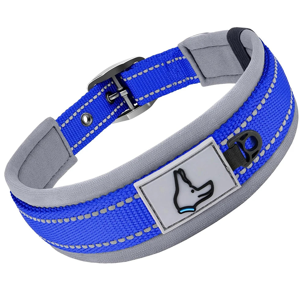 Padded Adjustable Reflective Wide Heavy Duty Nylon Neoprene Collars for small medium large Dogs  
D-Ring and Tag Loop - can be used to attach a leash and is tough enough to provide peace of mind no matter how hard your dog li