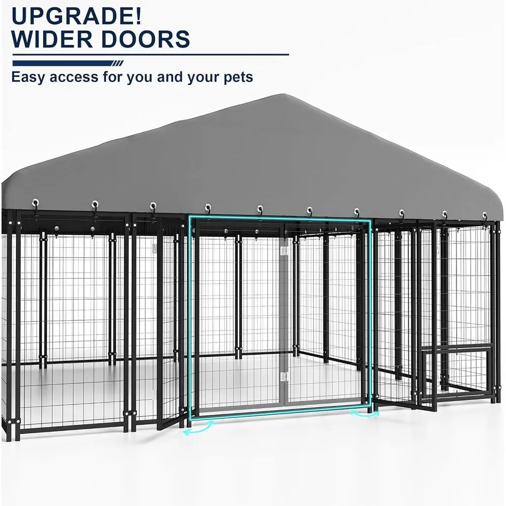 10x10FT Durable Heavy Duty Dog Cage/Kennel Outside with Roof & Double Door, Double Lock and Feeding Door,