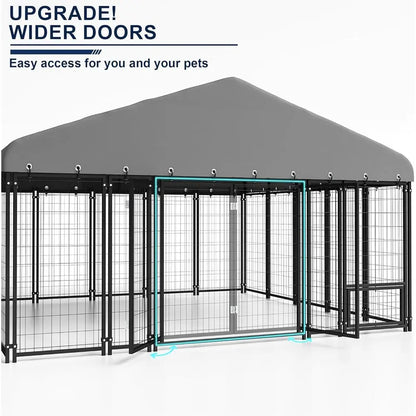 10x10FT Durable Heavy Duty Dog Cage/Kennel Outside with Roof & Double Door, Double Lock and Feeding Door,