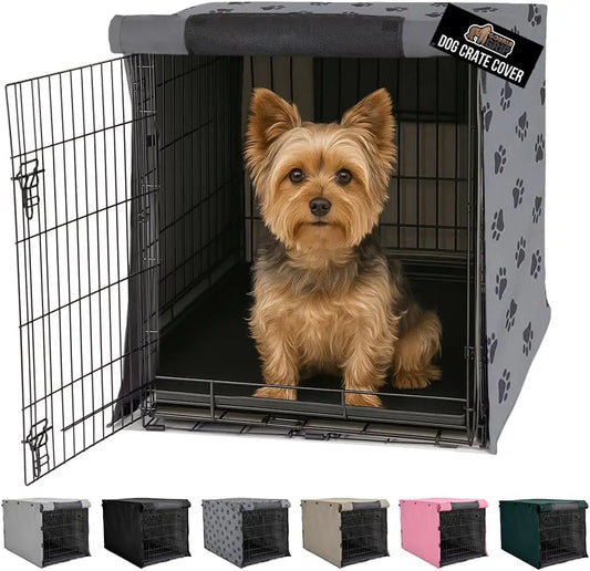 Dog Crate Cover with All-Side Openings, Breathable Mesh Windows for 24" Wire Kennel, Light-Reducing Gray Paw Design