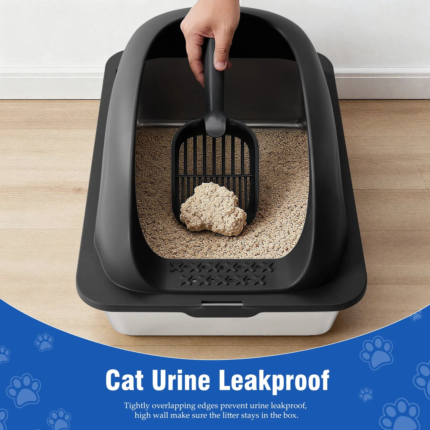 24 Inch Stainless Steel Litter Box with Lid Large Cat Litter Box for Big Cats Anti-Urine Leakage Scoop and Mat Included