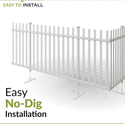 Freestanding No-Dig White Vinyl Picket Fence Panel. 3.5ft H x 7.6ft W. Install Indoor or Outdoor