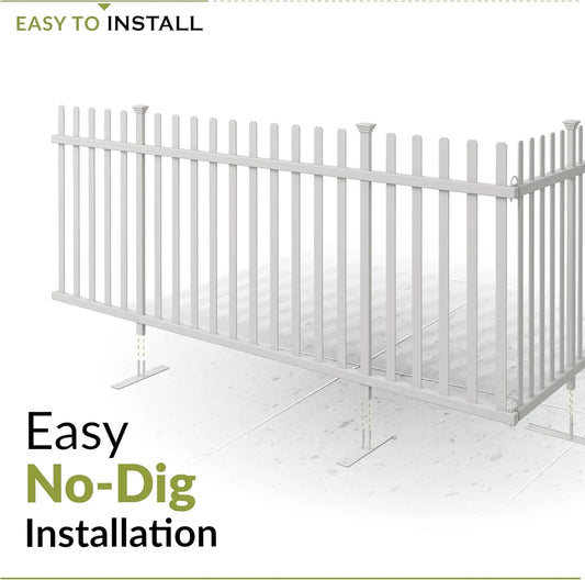 Freestanding No-Dig White Vinyl Picket Fence Panel. 3.5ft H x 7.6ft W. Install Indoor or Outdoor