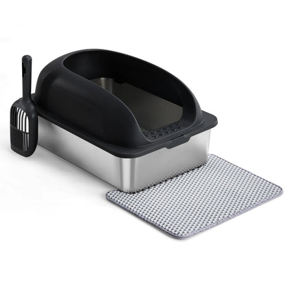 24 Inch Stainless Steel Litter Box with Lid Large Cat Litter Box for Big Cats Anti-Urine Leakage Scoop and Mat Included