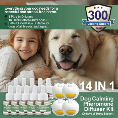 All-in-One Dog Calming Kit: 4 Aroma Diffusers + 10 48ml Pheromone Refills for Anxiety, Barking, Stress Relief
