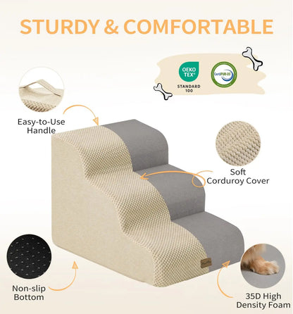 4-Step Pet Stairs for High Beds & Couches, Non-Slip Foam Steps for Small Dogs and Cats, Beige