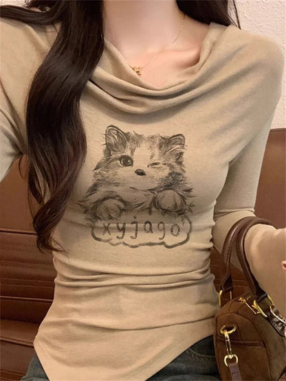 Gothic Kitten Graphic Grunge T-shirts Women Off Shoulder Vintage Crop Top Style Long Sleeve