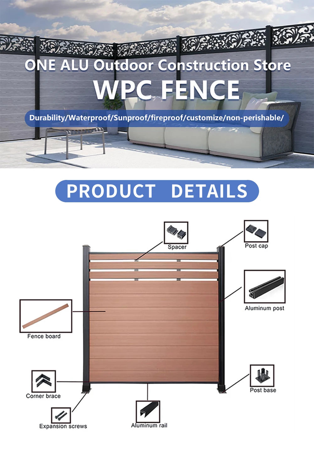 Wood/Plastic Composite Outdoor Fence Panel with Aluminum Post and Slat Wall Surface.