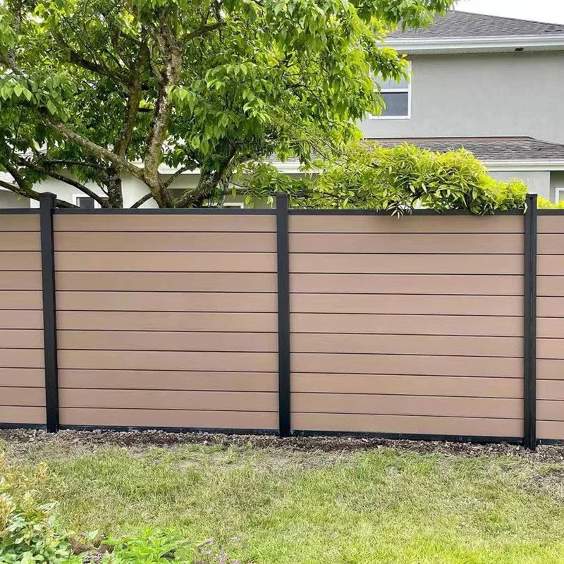 Wood/Plastic Composite Outdoor Fence Panel with Aluminum Post and Slat Wall Surface.