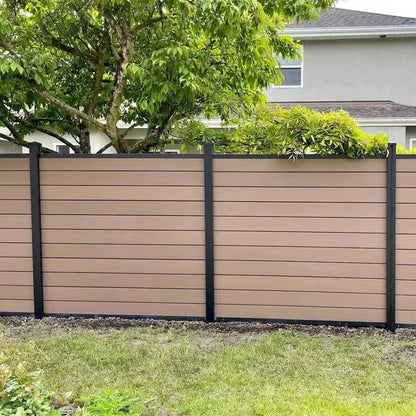 Wood/Plastic Composite Outdoor Fence Panel with Aluminum Post and Slat Wall Surface.