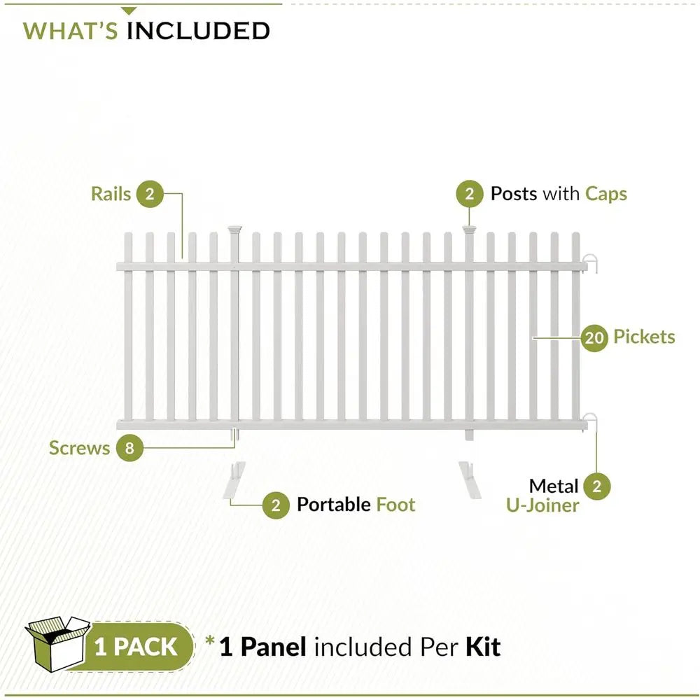 42L x 92W Lightweight Portable White Vinyl Picket Fence Panel, Ideal for Outdoor and Indoor Temporary Events, Easy Setup for Backyard Use