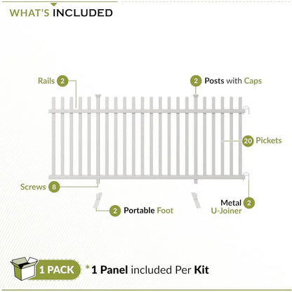 42L x 92W Lightweight Portable White Vinyl Picket Fence Panel, Ideal for Outdoor and Indoor Temporary Events, Easy Setup for Backyard Use