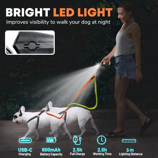 3m Retractable Dog Leash For Small Dogs Reflective Dual Pet Leash Lead 360 Swivel No Tangle Double Dog Walking Leash With Lights