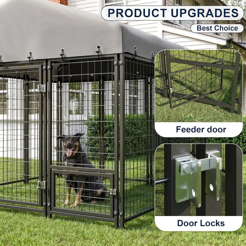 10x10FT Durable Heavy Duty Dog Cage/Kennel Outside with Roof & Double Door, Double Lock and Feeding Door,